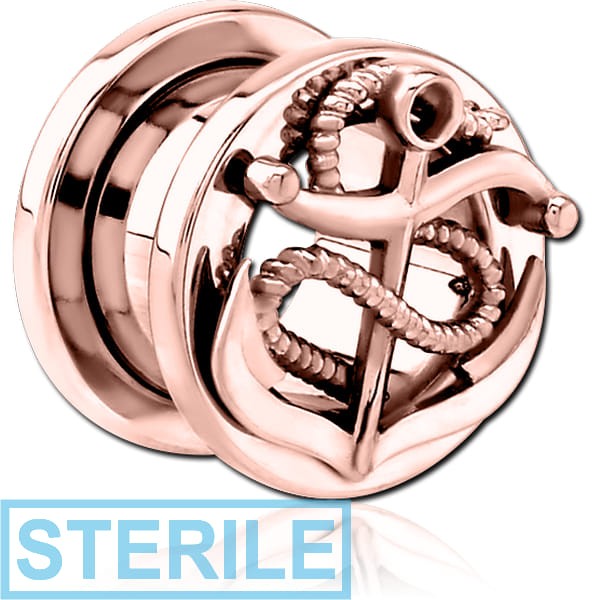 STERILE ROSE GOLD PVD COATED STAINLESS STEEL THREADED TUNNEL WITH SURGICAL STEEL TOP