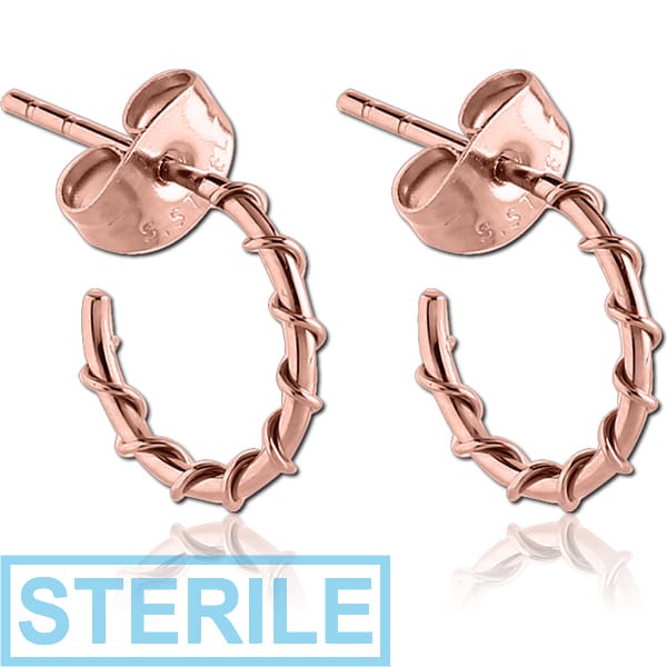 STERILE ROSE GOLD PVD COATED SURGICAL STEEL EAR STUDS PAIR - WIRE ON HOOP