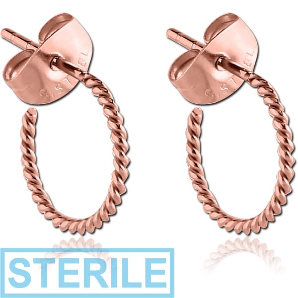 STERILE ROSE GOLD PVD COATED SURGICAL STEEL EAR STUDS PAIR - TWIST HOOP