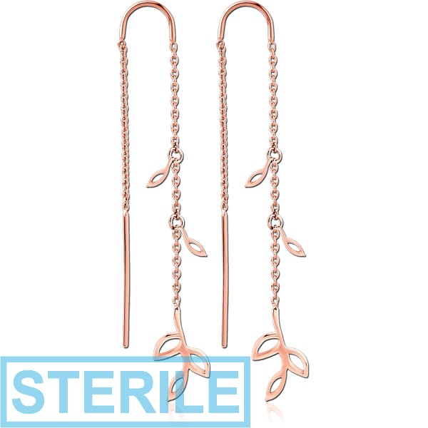 STERILE STERLING SILVER 925 ROSE GOLD PVD COATED CHAIN EARRINGS PAIR - LEAVES