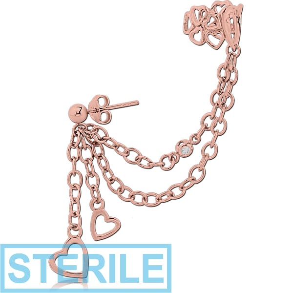 STERILE STERLING SILVER 925 ROSE GOLD PVD COATED EAR CUFF CHAIN WITH HEARTS