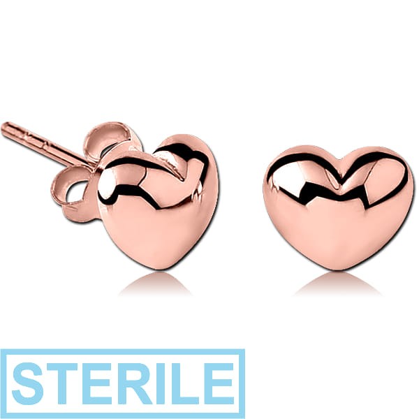 STERILE STERLING SILVER 925 ROSE GOLD PVD COATED EAR STUDS PAIR - 3D HEART