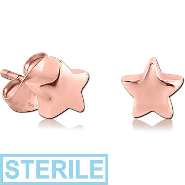 STERILE STERLING SILVER 925 ROSE GOLD PVD COATED EAR STUDS PAIR - 3D STAR