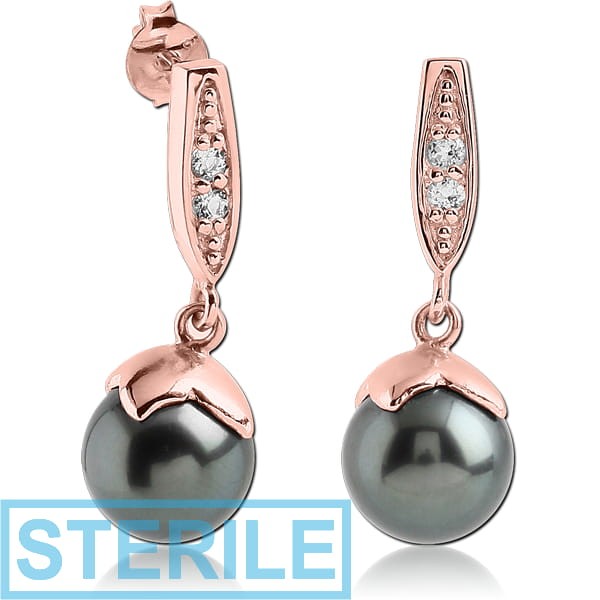 STERILE STERLING SILVER 925 ROSE GOLD PVD COATED JEWELLED EAR STUDS PAIR WITH SHELL PEARL