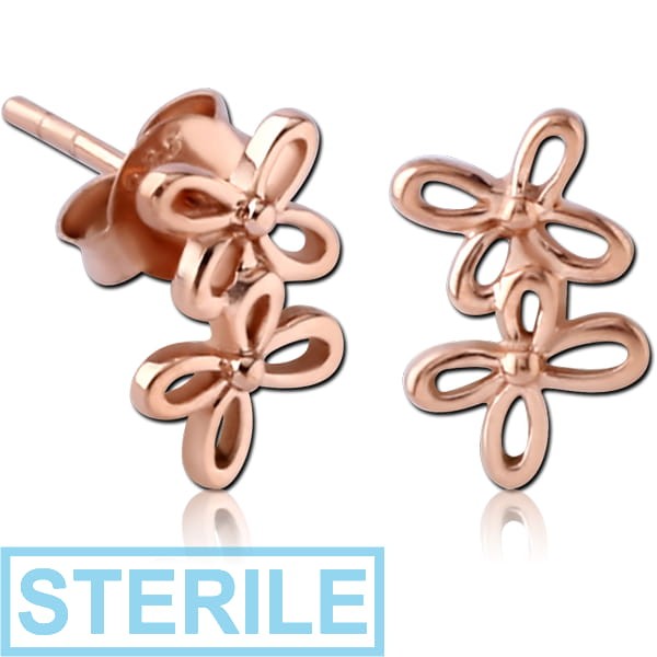 STERILE STERLING SILVER 925 ROSE GOLD PVD COATED EAR STUDS PAIR - TWO FLOWERS