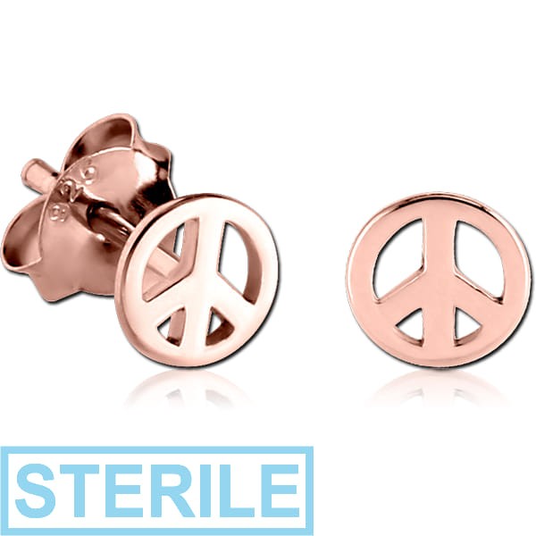 STERILE STERLING SILVER 925 ROSE GOLD PVD COATED EAR STUDS PAIR - PEACE SIGN