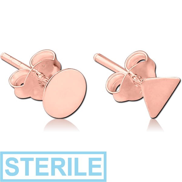 STERILE STERLING SILVER 925 ROSE GOLD PVD COATED STAMPING EAR STUDS PAIR - TRIANGLE CIRCLE