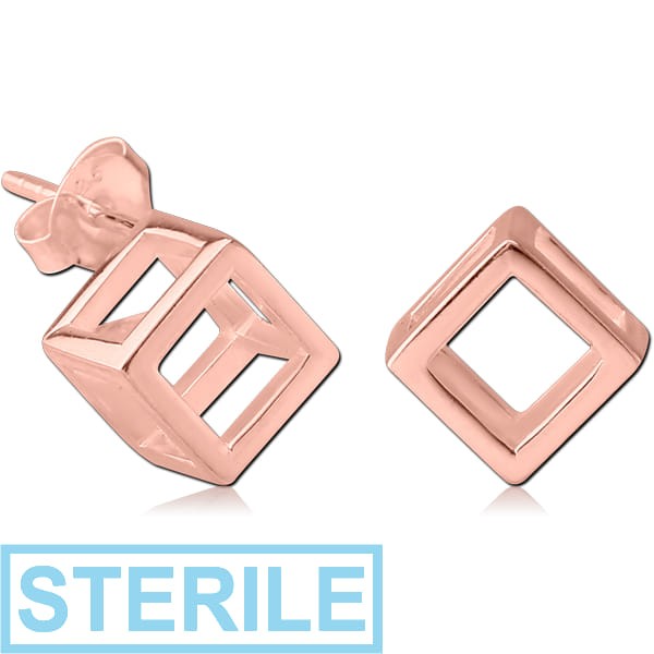 STERILE STERLING SILVER 925 ROSE GOLD PVD COATED EAR STUDS PAIR - 3D CUBE