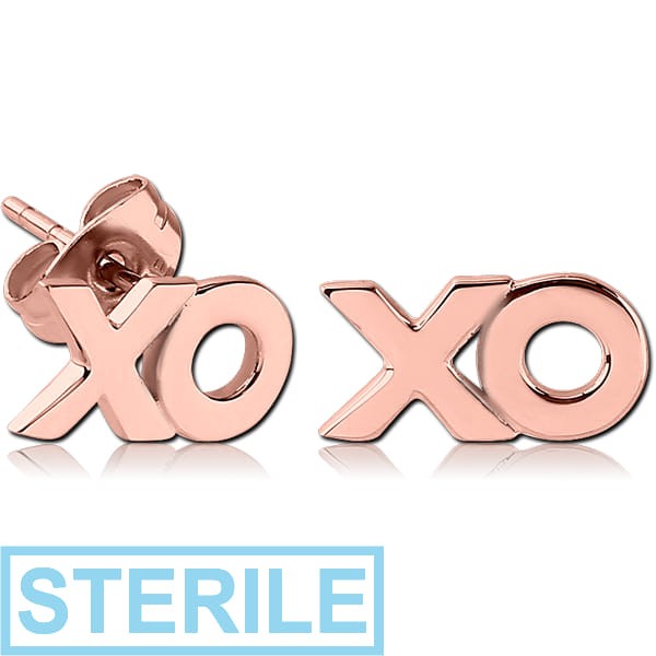 STERILE STERLING SILVER 925 ROSE GOLD PVD COATED EAR STUDS PAIR - XO