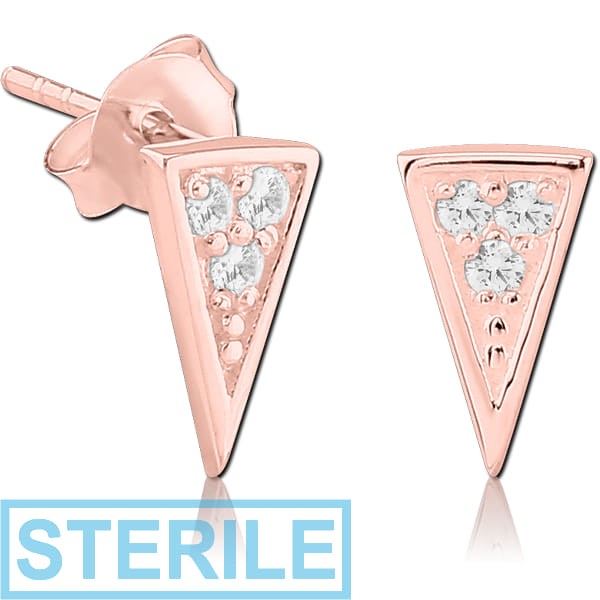 STERILE STERLING SILVER 925 ROSE GOLD PVD COATED JEWELLED EAR STUDS PAIR - TRIANGLE