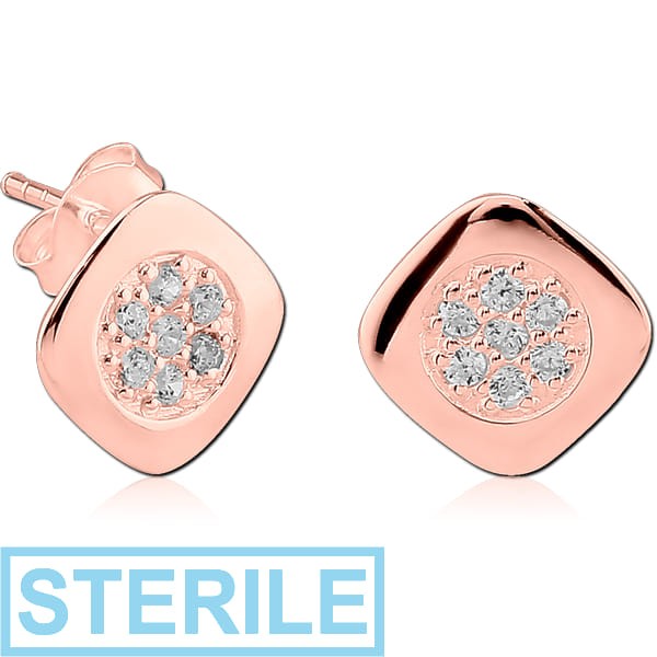 STERILE STERLING SILVER 925 ROSE GOLD PVD COATED JEWELLED EAR STUDS PAIR - RHOMBUS
