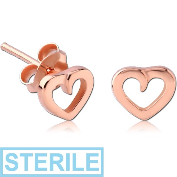STERILE STERLING SILVER 925 ROSE GOLD PVD COATED EAR STUDS PAIR - HEART