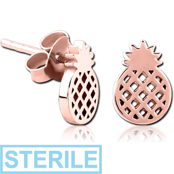 STERILE STERLING SILVER 925 ROSE GOLD PVD COATED EAR STUDS PAIR - PINEAPPLE
