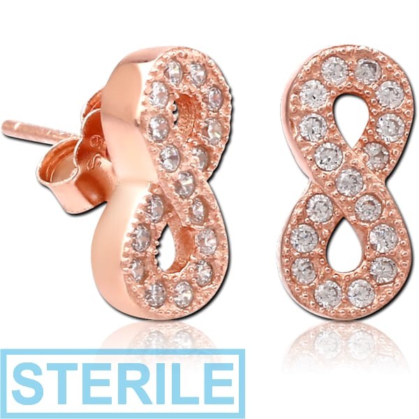 STERILE STERLING SILVER 925 ROSE GOLD PVD COATED JEWELLED EAR STUDS PAIR - INFINITY