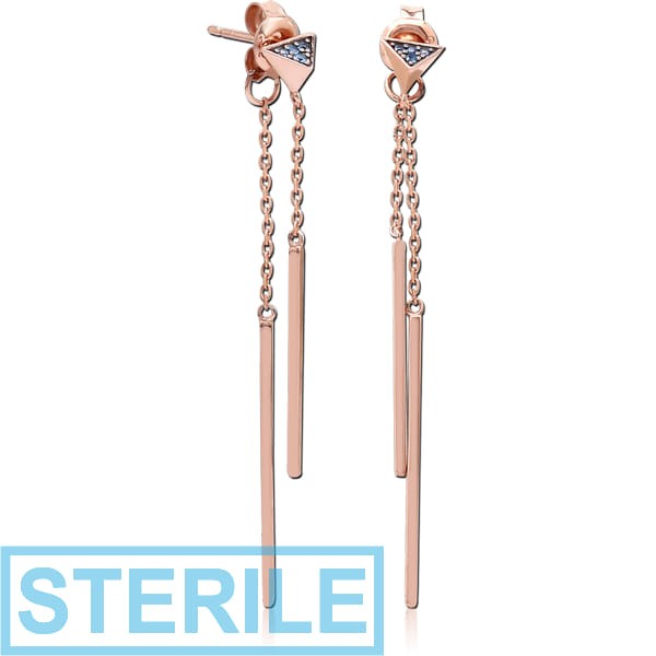STERILE STERLING SILVER 925 ROSE GOLD PVD COATED JEWELLED CHAIN EAR STUDS PAIR