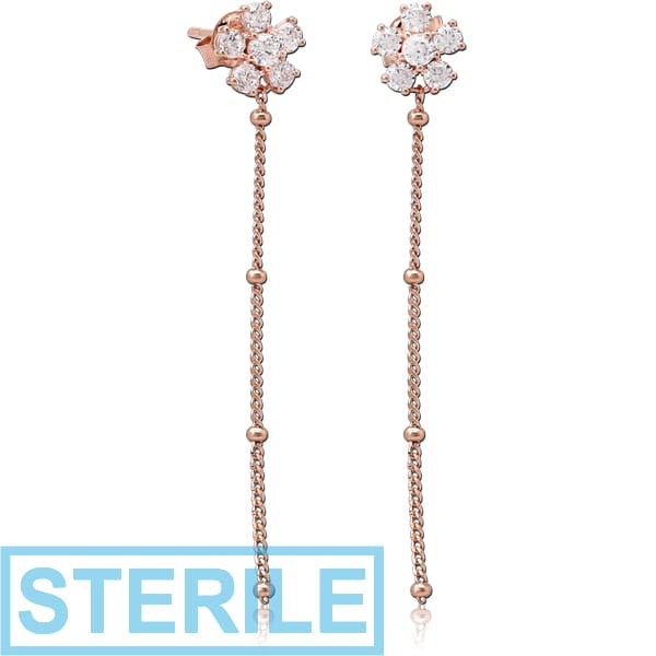 STERILE STERLING SILVER 925 ROSE GOLD PVD COATED JEWELLED CHAIN EAR STUDS PAIR