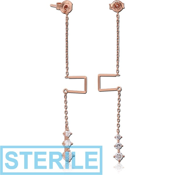 STERILE STERLING SILVER 925 ROSE GOLD PVD COATED JEWELLED CHAIN EAR STUDS PAIR