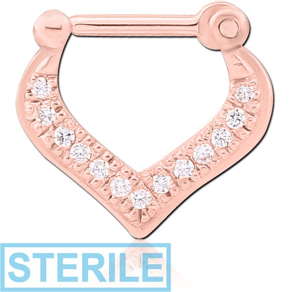 STERILE STERLING SILVER 925 ROSE GOLD PLATED JEWELLED HINGED SEPTUM CLICKER