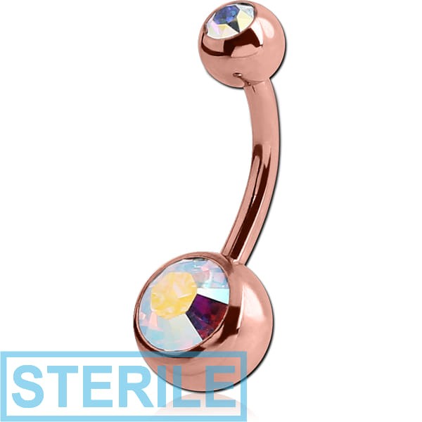 STERILE ROSE GOLD PVD COATED TITANIUM DOUBLE OPTIMA CRYSTAL JEWELLED NAVEL BANANA