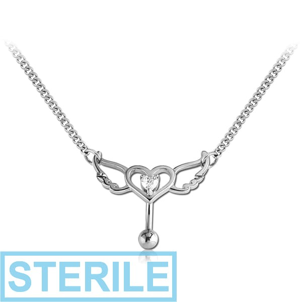 STERILE SURGICAL STEEL JEWELLED BELLY CHAIN NAVEL BANANA - HEART WITH WINGS