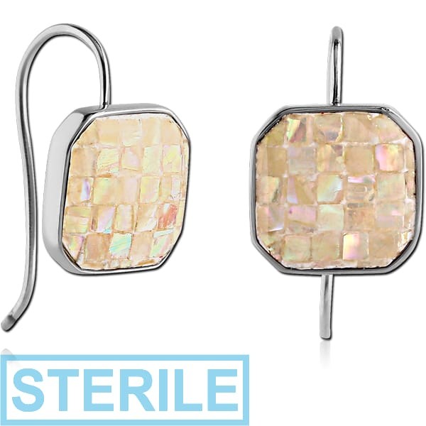 STERILE SURGICAL STEEL SYNTHETIC MOTHER OF PEARL MOSAIC EARRING - OCTAGON