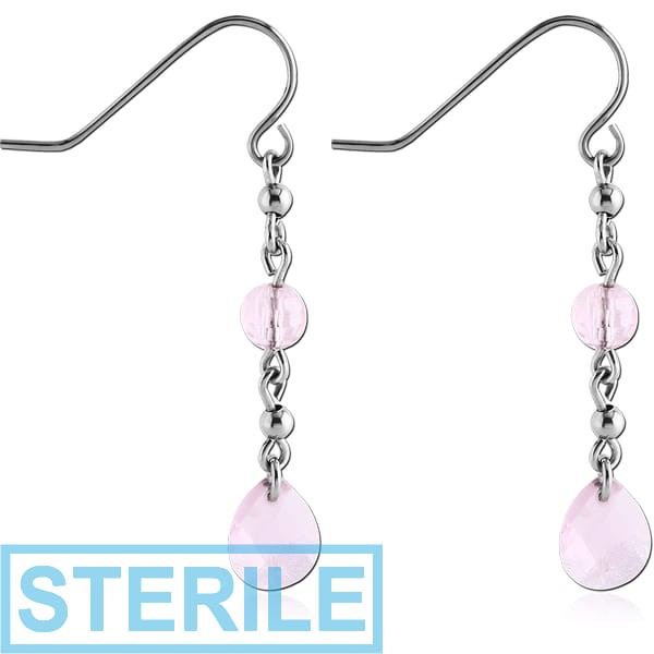 STERILE SUGICAL STEEL JEWELLED EARRINGS PAIR - BALL AND DROP ON CHAIN