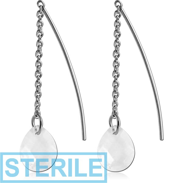 STERILE SURGICAL STEEL JEWELLED EARRINGS PAIR - DROP ON CHAIN