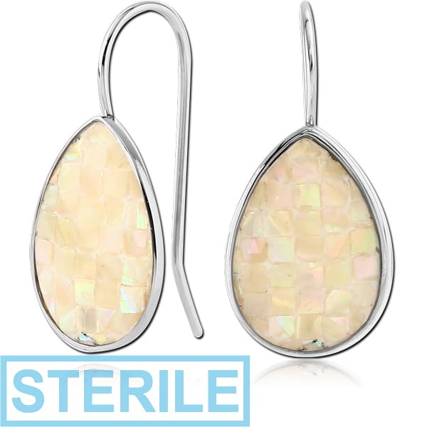 STERILE SURGICAL STEEL SYNTHETIC MOTHER OF PEARL MOSAIC EARRING - PEAR