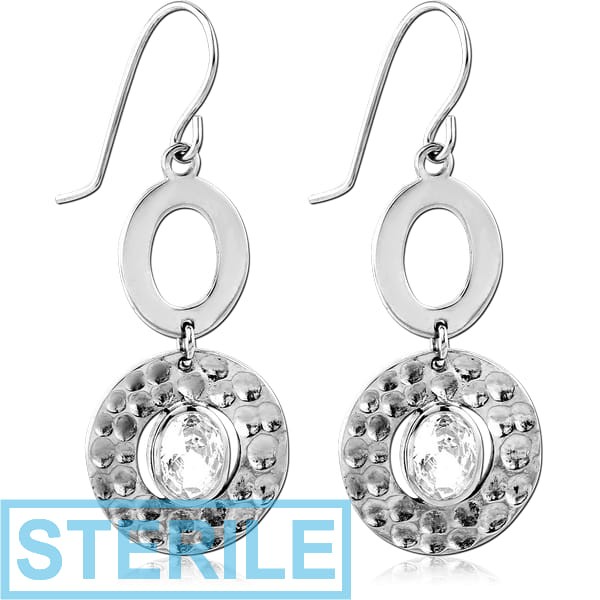 STERILE SURGICAL STEEL JEWELLED EARRINGS PAIR - CIRCLES WITH DANGLING STONE