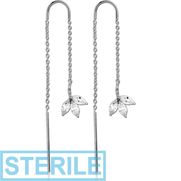 STERILE SURGICAL STEEL CHAIN JEWELLED EARRINGS PAIR - LEAF