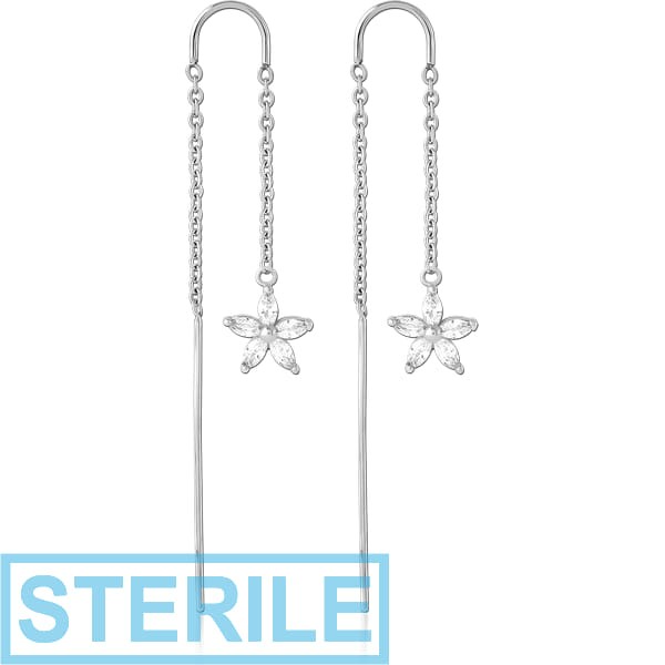 STERILE SURGICAL STEEL CHAIN JEWELLED EARRINGS PAIR