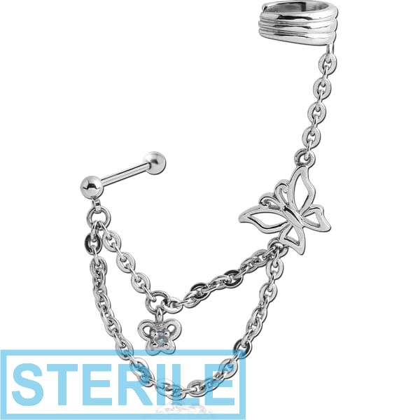 STERILE SURGICAL STEEL JEWELLED EAR CUFF CHAIN WITH BUTTERFLIES