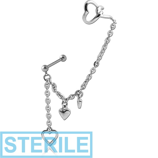STERILE SURGICAL STEEL EAR CUFF CHAIN WITH FOUR HEARTS