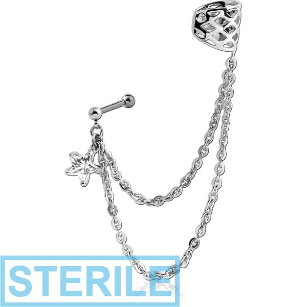 STERILE SURGICAL STEEL JEWELLED EAR CUFF CHAIN WITH STAR