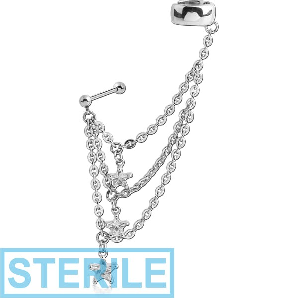 STERILE SURGICAL STEEL JEWELLED EAR CUFF CHAIN WITH THREE STARS