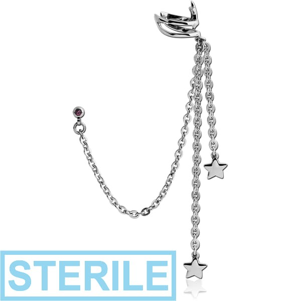STERILE SURGICAL STEEL EAR CUFF CHAIN WITH TWO STARS