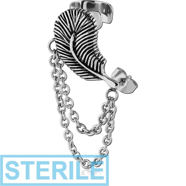 STERILE SURGICAL STEEL EAR CUFF - FEATHER WITH CHAIN