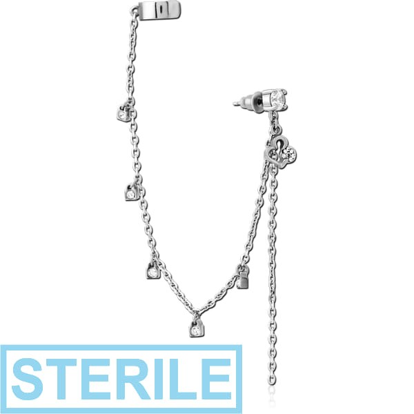 STERILE SURGICAL STEEL JEWELLED EAR CUFF - HEART AND LOCK