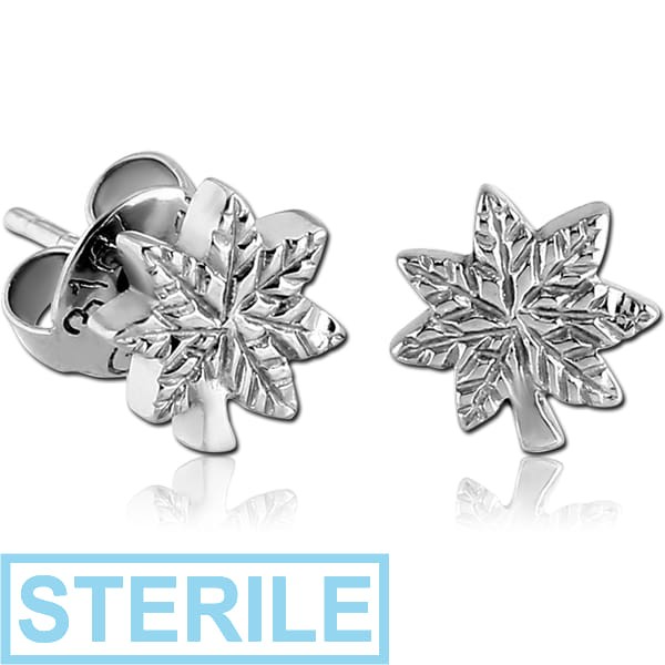 STERILE SURGICAL STEEL EAR STUDS PAIR - MARIJUANA LEAF