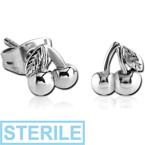 STERILE SURGICAL STEEL EAR STUDS PAIR - CHERRY