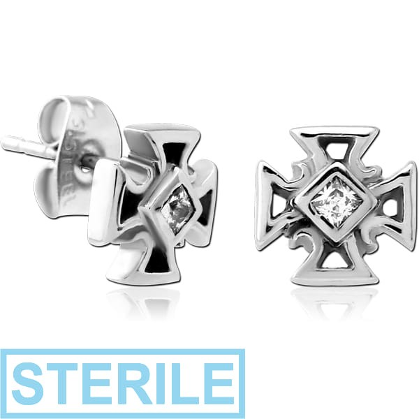 STERILE SURGICAL STEEL JEWELLED EAR STUDS PAIR - IRON CROSS