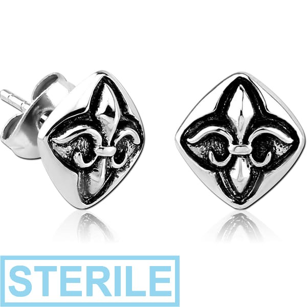 STERILE SURGICAL STEEL EAR STUDS PAIR - FLEUR DE LIS