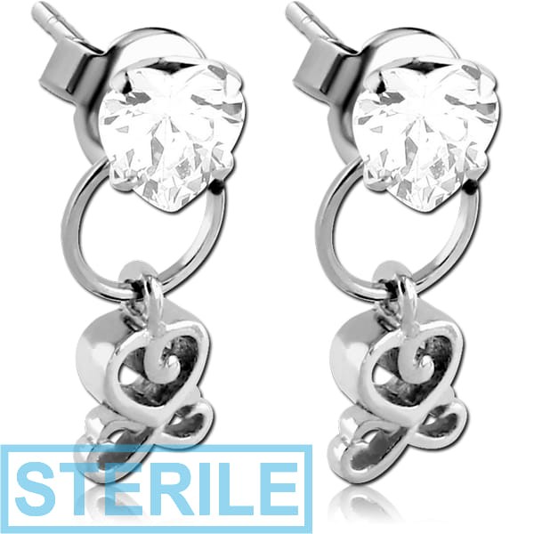 STERILE SURGICAL STEEL JEWELLED EAR STUDS PAIR - HEART WITH DANGLING HEART INFINITY