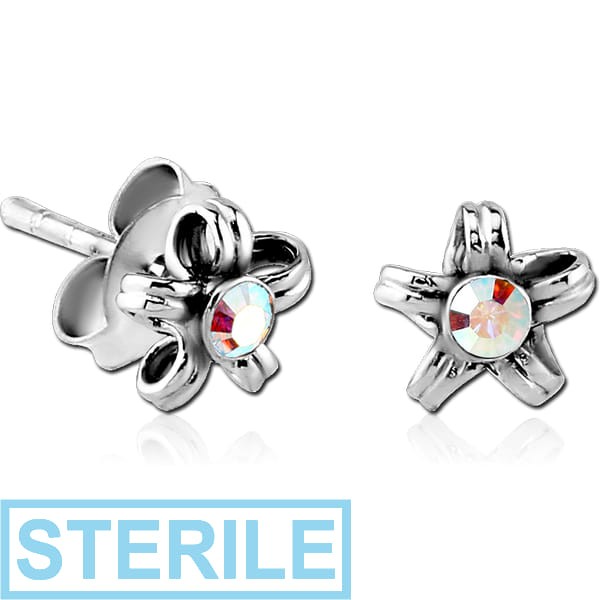 STERILE SURGICAL STEEL VALUE JEWELLED EAR STUDS PAIR - FLOWER