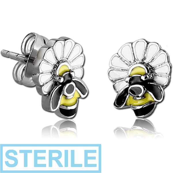 STERILE SURGICAL STEEL EAR STUDS PAIR - BEE ON FLOWER