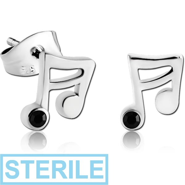 STERILE SURGICAL STEEL JEWELLED EAR STUDS PAIR - MUSIC NOTE