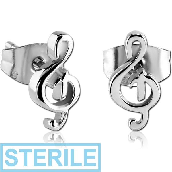 STERILE SURGICAL STEEL EAR STUDS PAIR - MUSIC NOTE