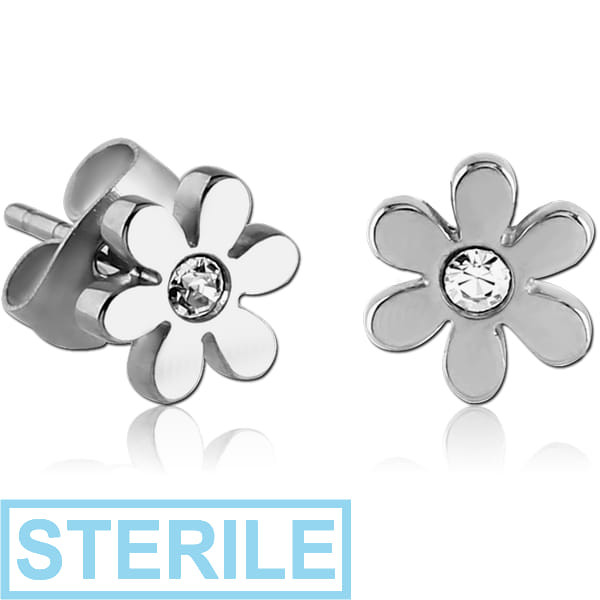 STERILE SURGICAL STEEL JEWELLED EAR STUDS PAIR - FLOWER