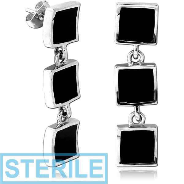 STERILE SURGICAL STEEL EAR STUDS PAIR WITH ONYX- THREE SQUARES