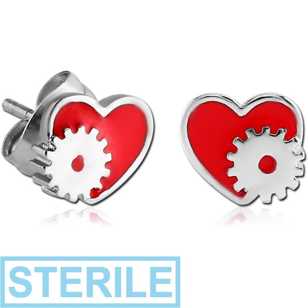 STERILE SURGICAL STEEL EAR STUDS PAIR - HEART WITH WHEEL
